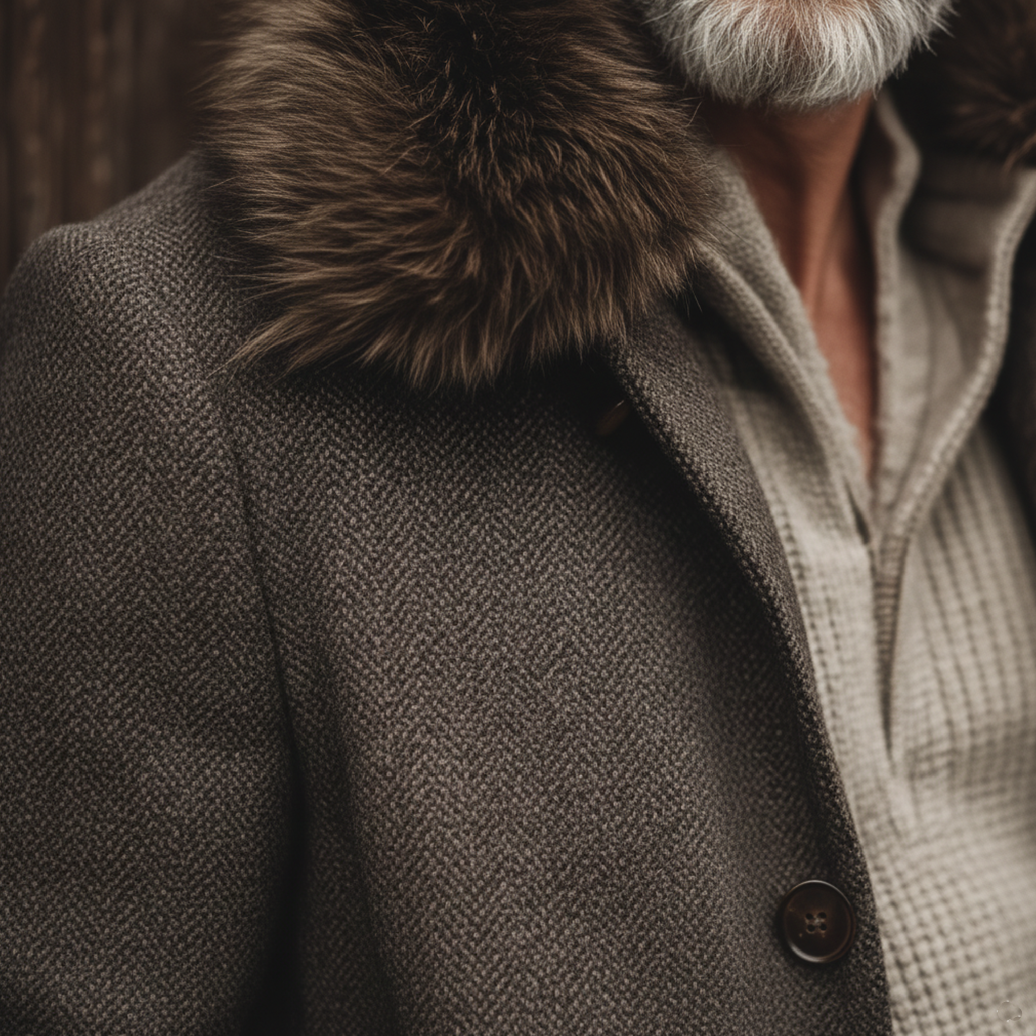 Men's Classic Vintage Faux Herringbone Thigh-Length Coat (Includes Removable Faux Fur Collar) MTA2522I1K