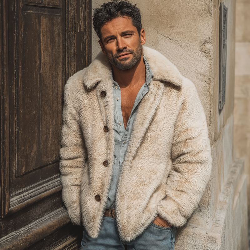 Men's Classic Warm Beige Faux Mink Button Jacket MTA0107K6U