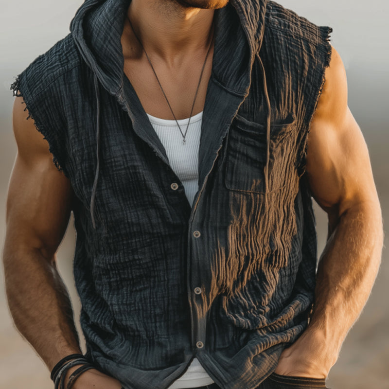 Men's Casual Wrinkled Cotton Washed Distressed Hooded Patch Pocket Loose Raw Edge Sleeveless Shirt MTA2338F9M