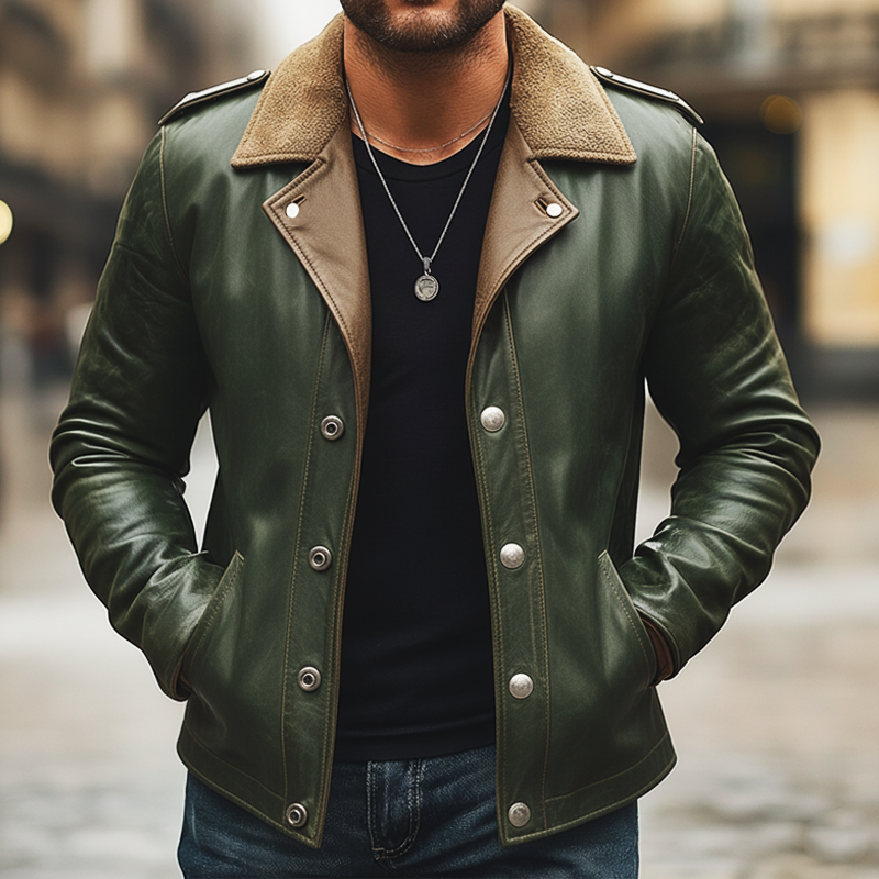 Men's Retro Snap Button Fleece Collar PU Leather Jacket MTA2947K8U
