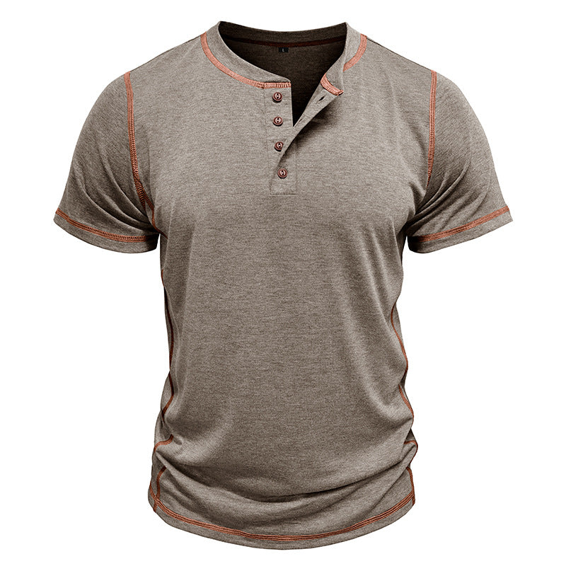 Men's Spring And Summer Fashion Casual Cotton Blended Henley Collar Slim Short Sleeve T-Shirt MTA3023F9K