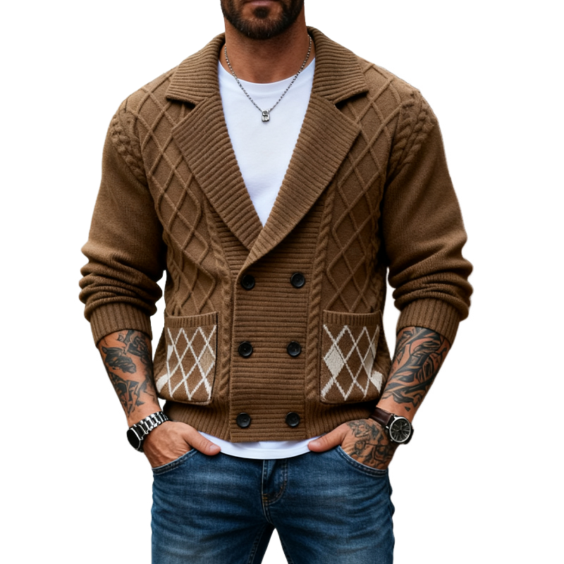 Men's Knitted Diamond Jacquard Textured Collar Cardigan MTA2930J0X