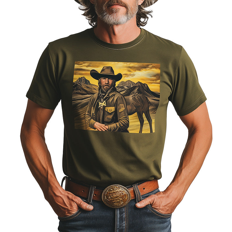 Men's Summer Western Cowboy Style Printed Cotton Blended Short Sleeve T-Shirt MTA2936D4P