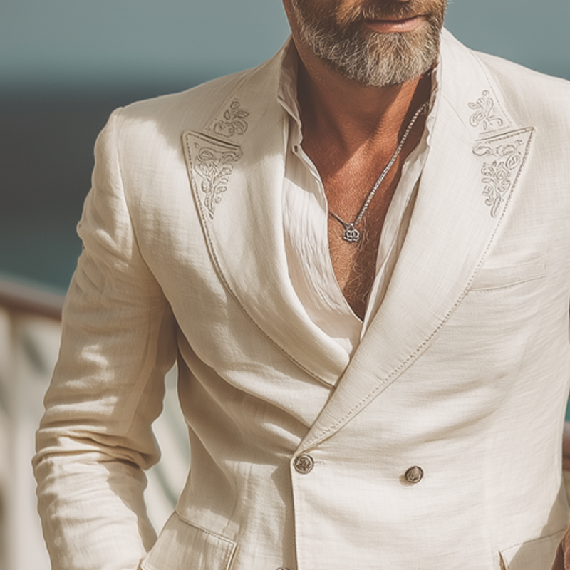 Men's Embroidered Double Breasted Cotton And Linen Blazer MTA1820F2U