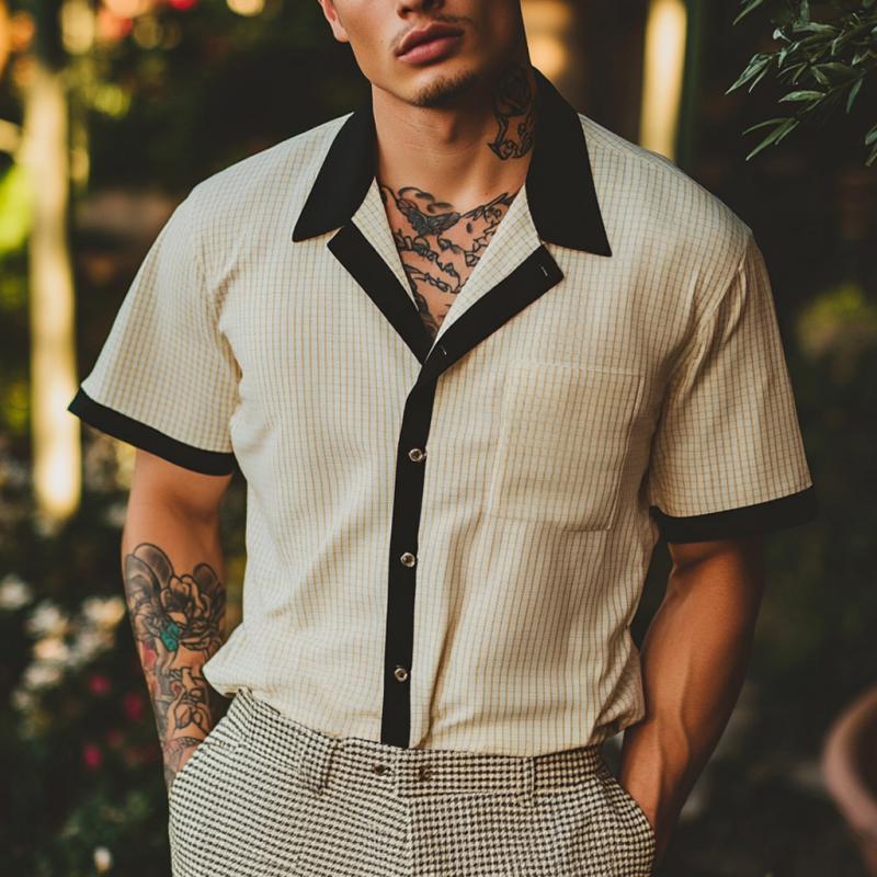 Men's Casual Cotton Blend Plaid Patchwork Slim Fit Short Sleeve Shirt MTA2830D1M