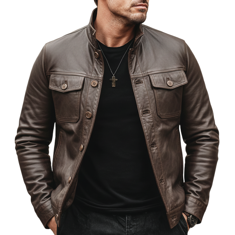 Men's Urban Stand-collar Button-up Brown PU Leather Jacket MTA0480L6U