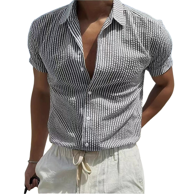 Men's Stripe Print Casual Lapel Short Sleeve Shirt MTA0440H6X