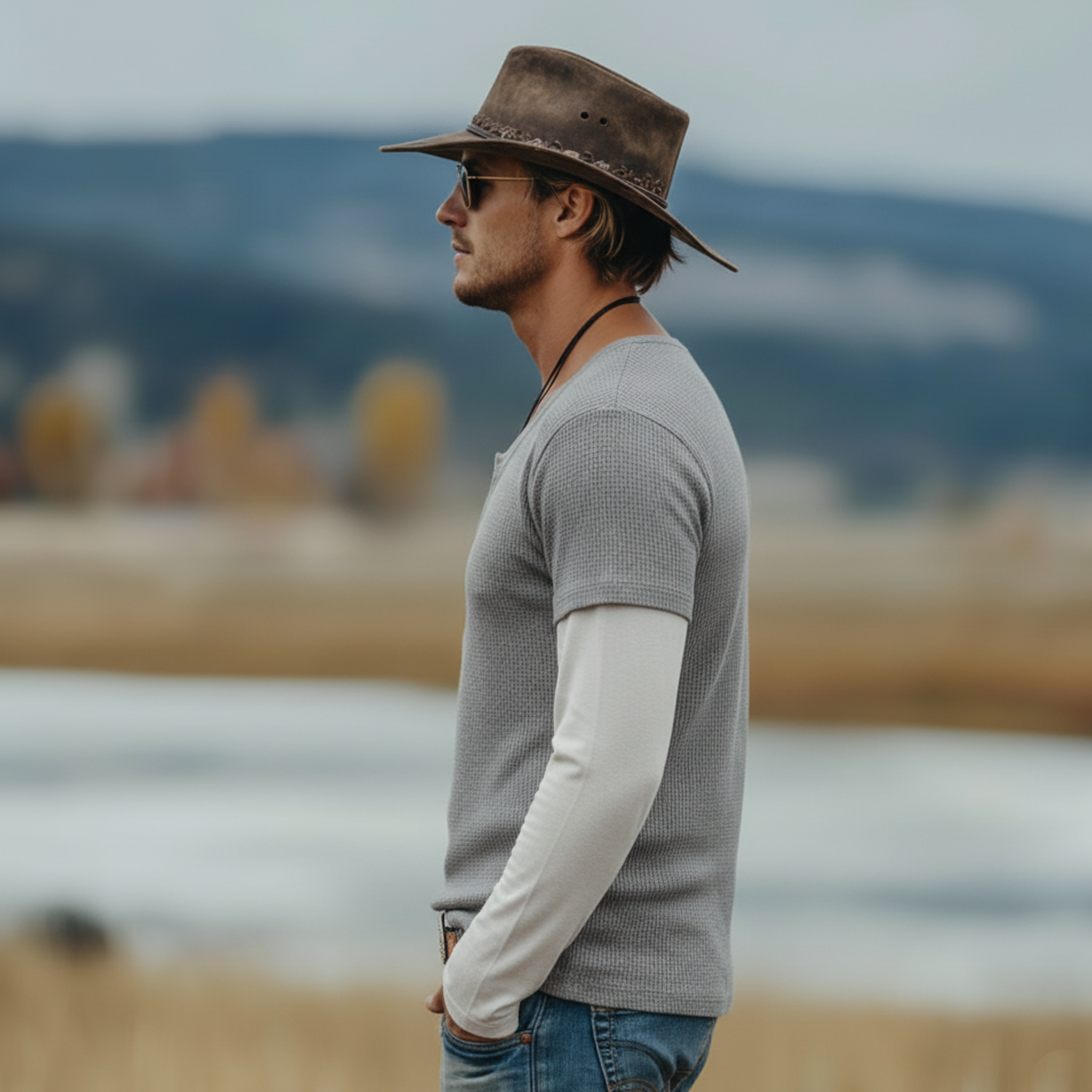 Men's Classic Casual Henley Neck Waffle Knit Cotton Blend Faux Two-piece Long-sleeved T-shirt MTA2349L7K