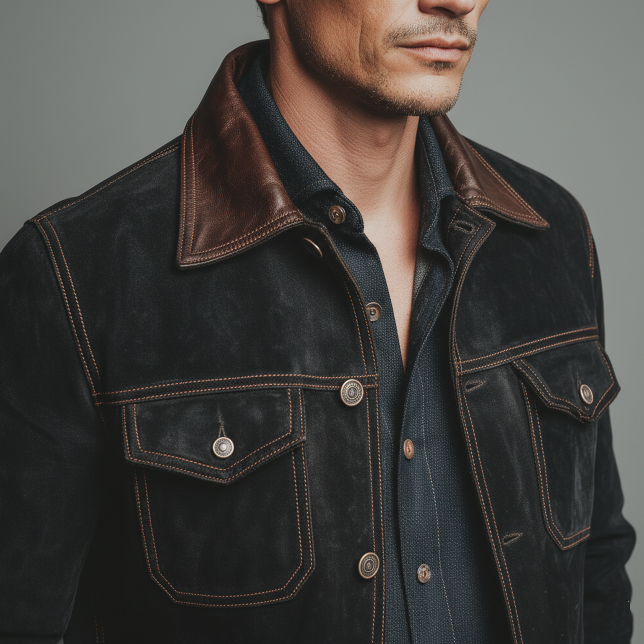 Men's Classic Casual PU Leather Collar Button Faux Suede Jacket MTA1310J9K