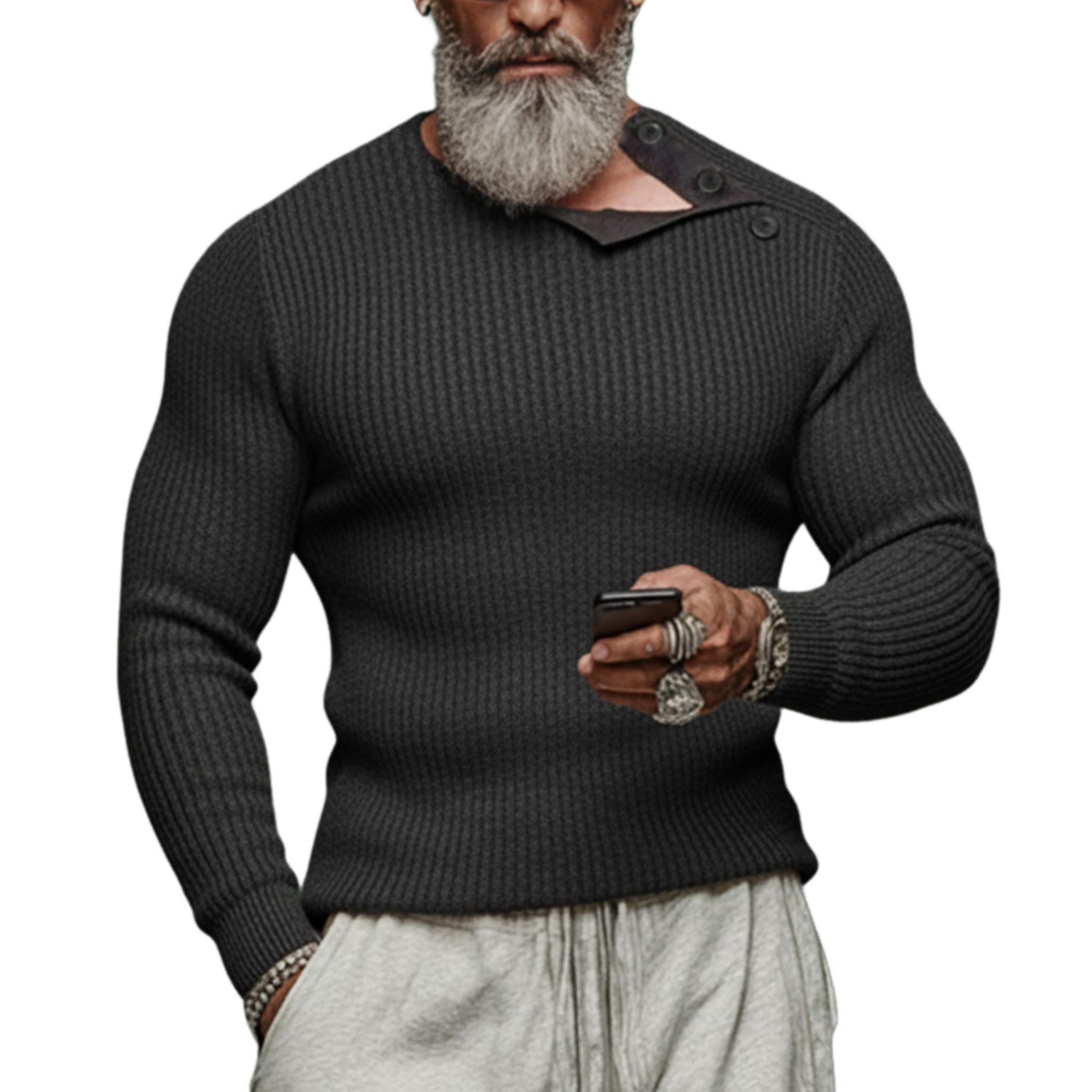 Men's Classic Casual Tough Style Round Neck Shoulder Button Design Slim Fit Sweater MTA2835J9K