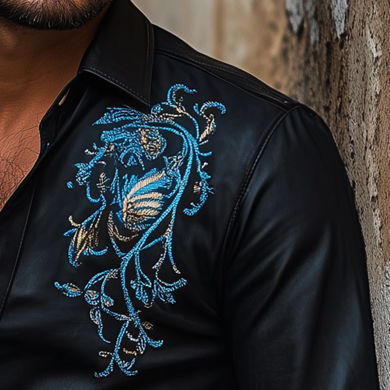 Herreskjorte med brodert, langermet kunstskinn, vestlig design, MTA2550G6P