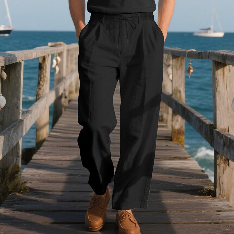 Men's Solid Color Cotton And Linen Holiday Elastic Waist Casual Pants MTA1606E9X