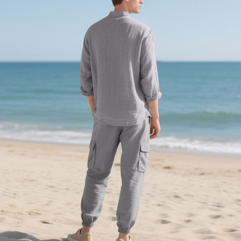 Men's Casual Cotton And Linen Long-Sleeved Trousers Two-Piece Set MTA0653E1X