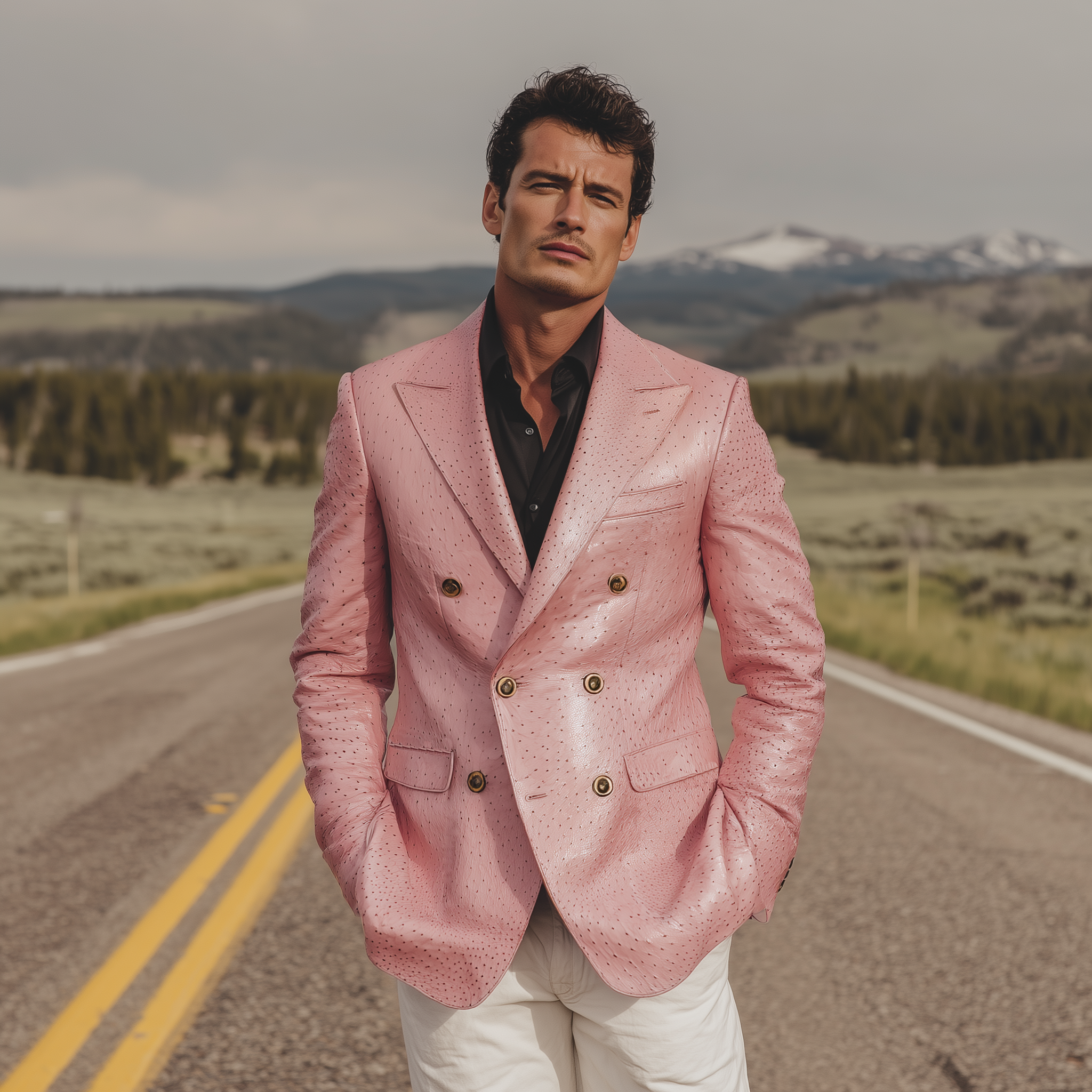 Men's Classic American Retro Pink Textured PU Leather Slim Double-breasted Blazer MTA1673H5K