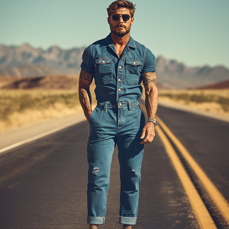 Men's Summer Fashion Retro Western Cowboy Style Denim Jumpsuit MTA2827D3K