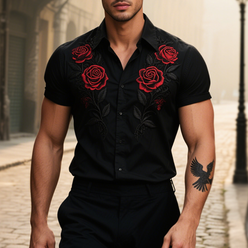 Men's Retro Casual Rose Knight Embroidered Lapel Short Sleeve Shirt MTA2967E7TO