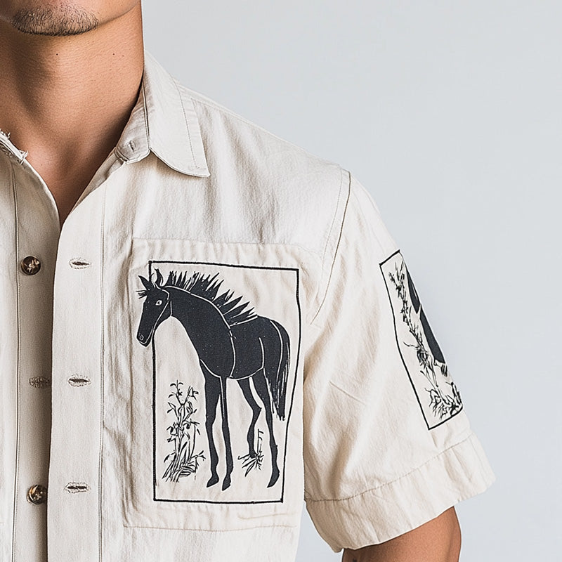 Herreskjorte med korte ermer og trykk, tynn denim, sommermote MTA2819E0P