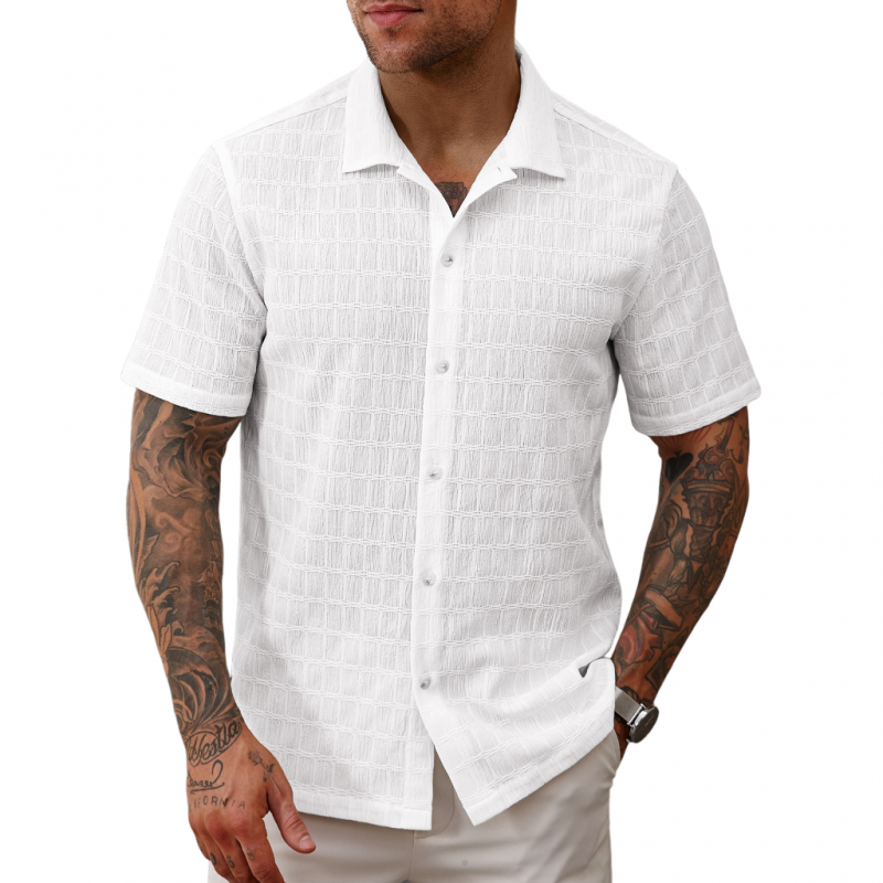 Men's Casual Lace Pleated Texture Lapel Slim Short Sleeve Shirt MTA2669E2M