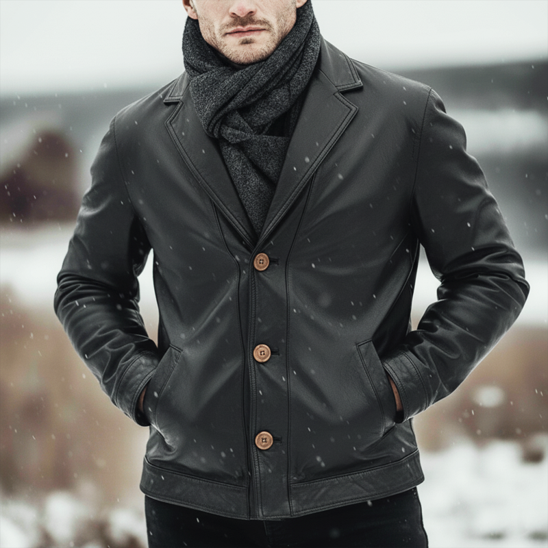 Men's Business Style Notched Lapel Button-up Black PU Leather Jacket MTA0162L2U