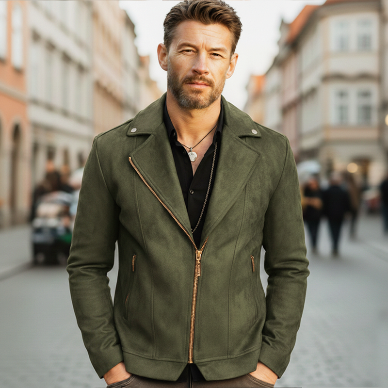 Men's Classic Army Green Faux Suede Zip-up Jacket MTZ1464A4U