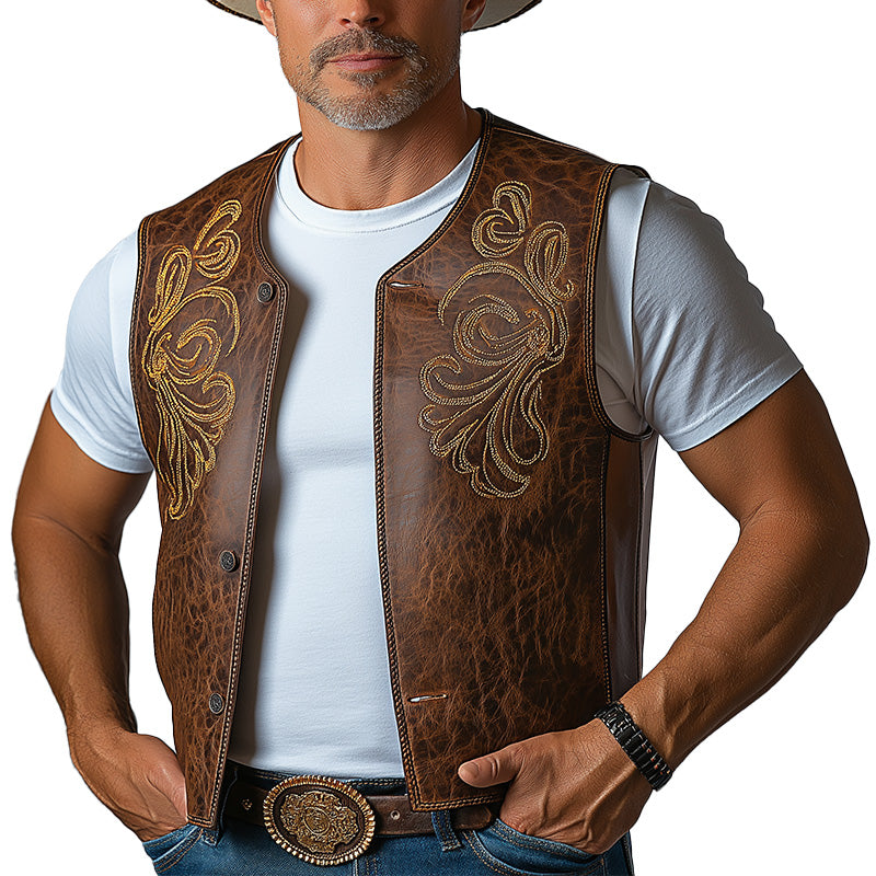 Men's Summer Western Cowboy Style Leather Embroidered Vest MTA2928D5P