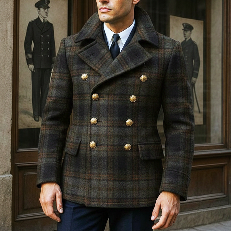 Men's Vintage Plaid Double-Breasted Faux Woolen Jacket MTA1378J9U