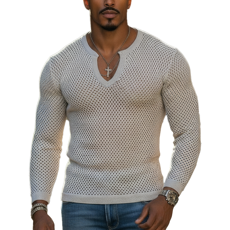 Men's Spring Fashion Hollow-Out Cotton Yarn Knitted V-Neck Slim-Fit T-Shirt MTZ0893A3P