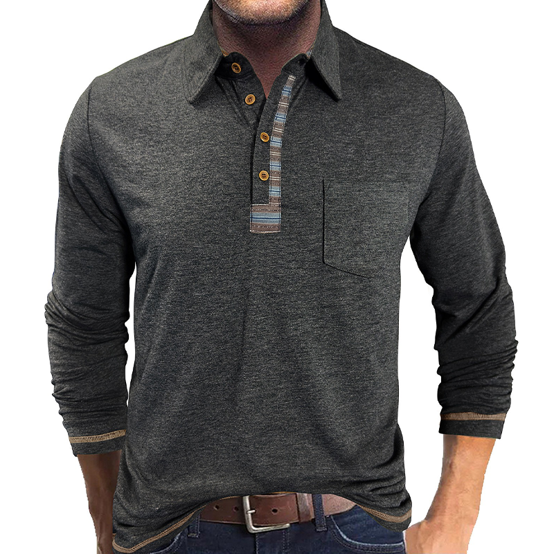 Men's Cotton Blend Contrast Color Long Sleeve Lapel Polo Shirt MTA2921H0X