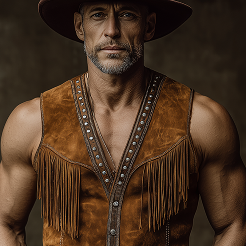 Men's Spring And Summer New American Retro Western Cowboy Thin Suede Tassels And Metal Rivets Slim Fit Single Wear Vest MTA1832F2K