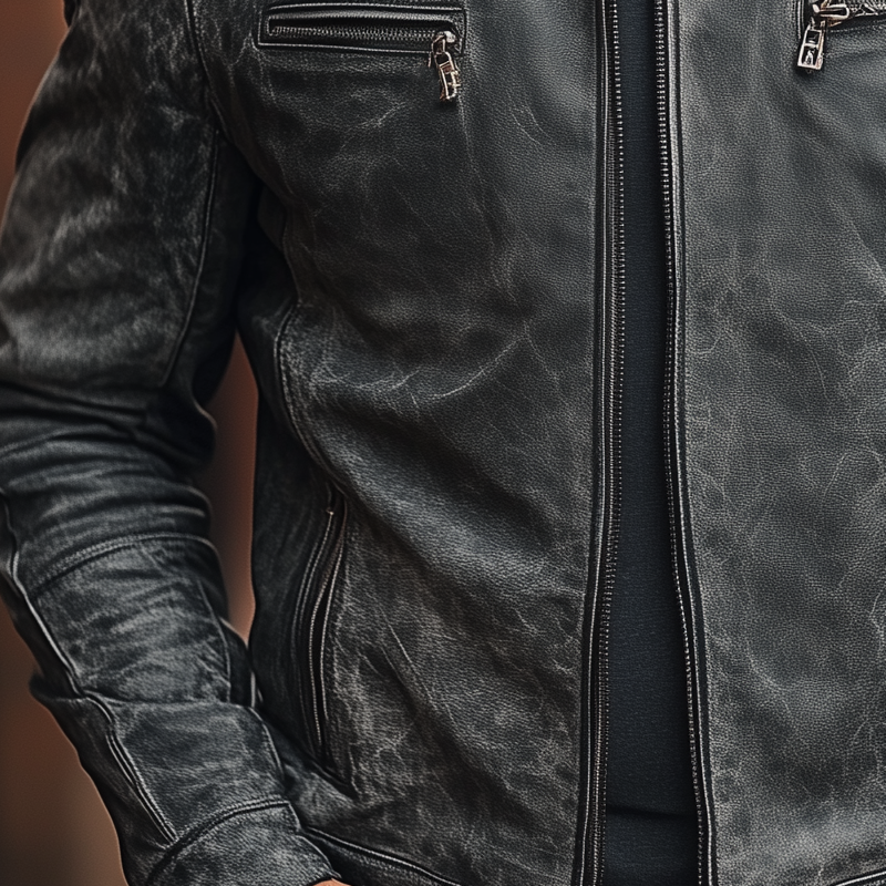 Men's Vintage Distressed PU Zipper Stand Collar Jacket MTA2902H4X