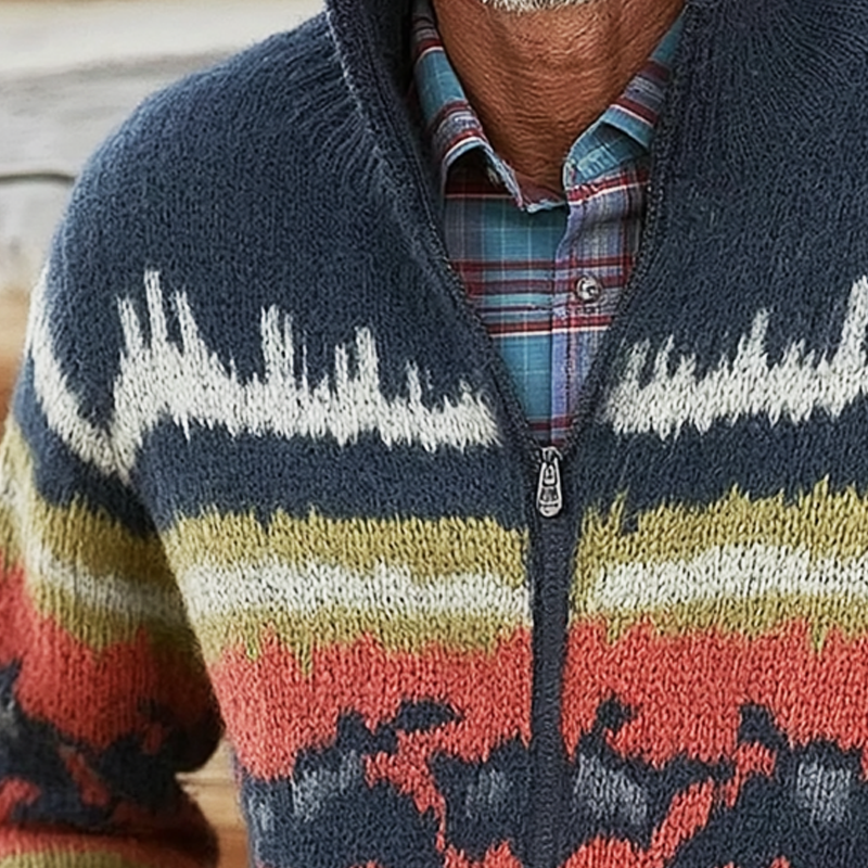 Men's Retro Colorblock Jacquard Zipper Knit Cardigan MTA3055H2U