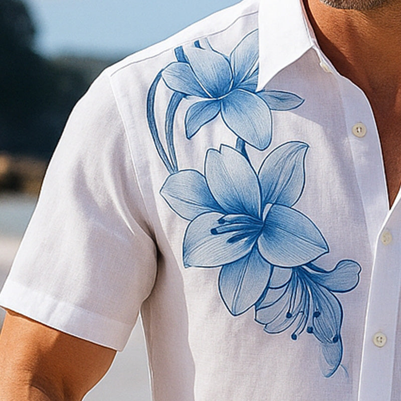 Men's Summer Lightweight Breathable Floral Print Linen Short Sleeve Shirt MTA2759E3P