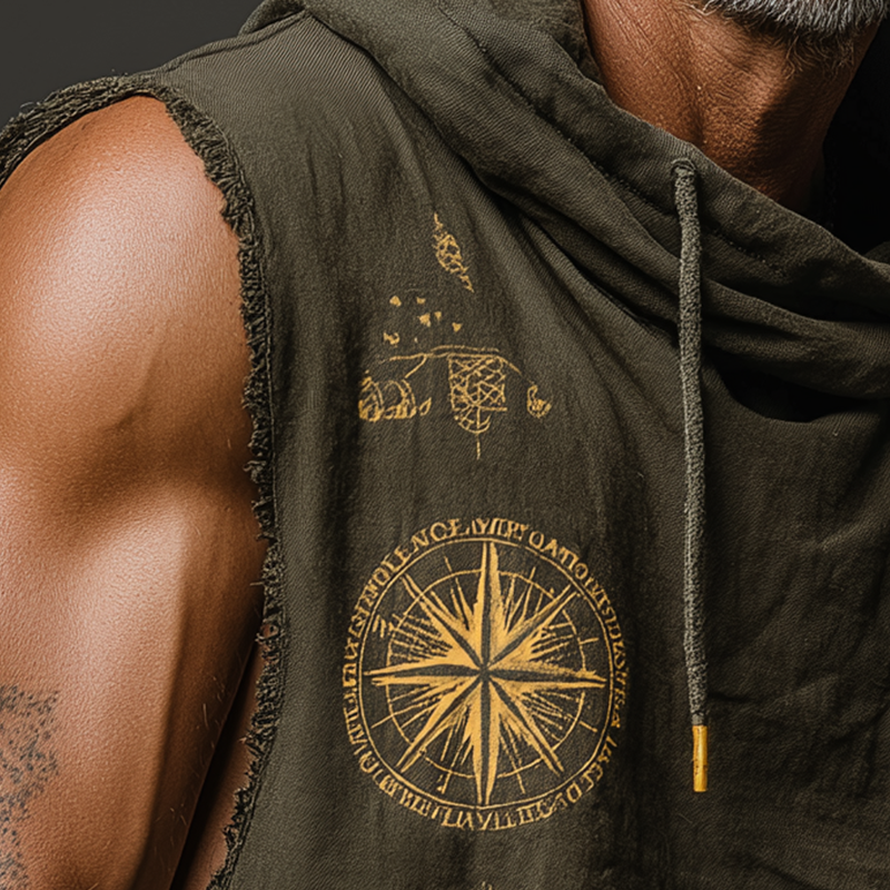 Men's Summer Retro Printed Cotton And Linen Sleeveless Hooded Tank Top MTA1731F2P