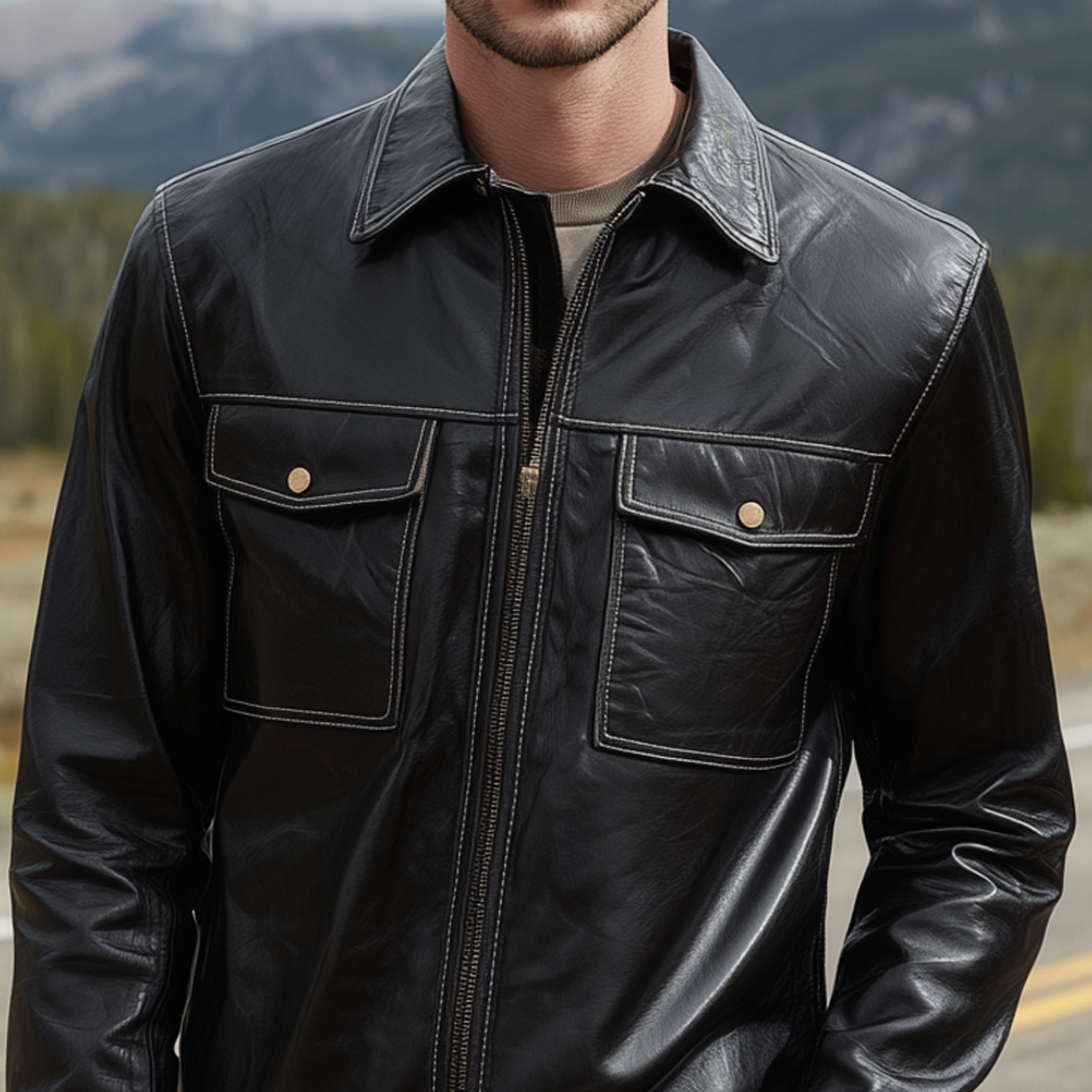 Men's Classic Vintage Textured Leather Lapel Zipper Slim Fit Jacket MTA0241H4K