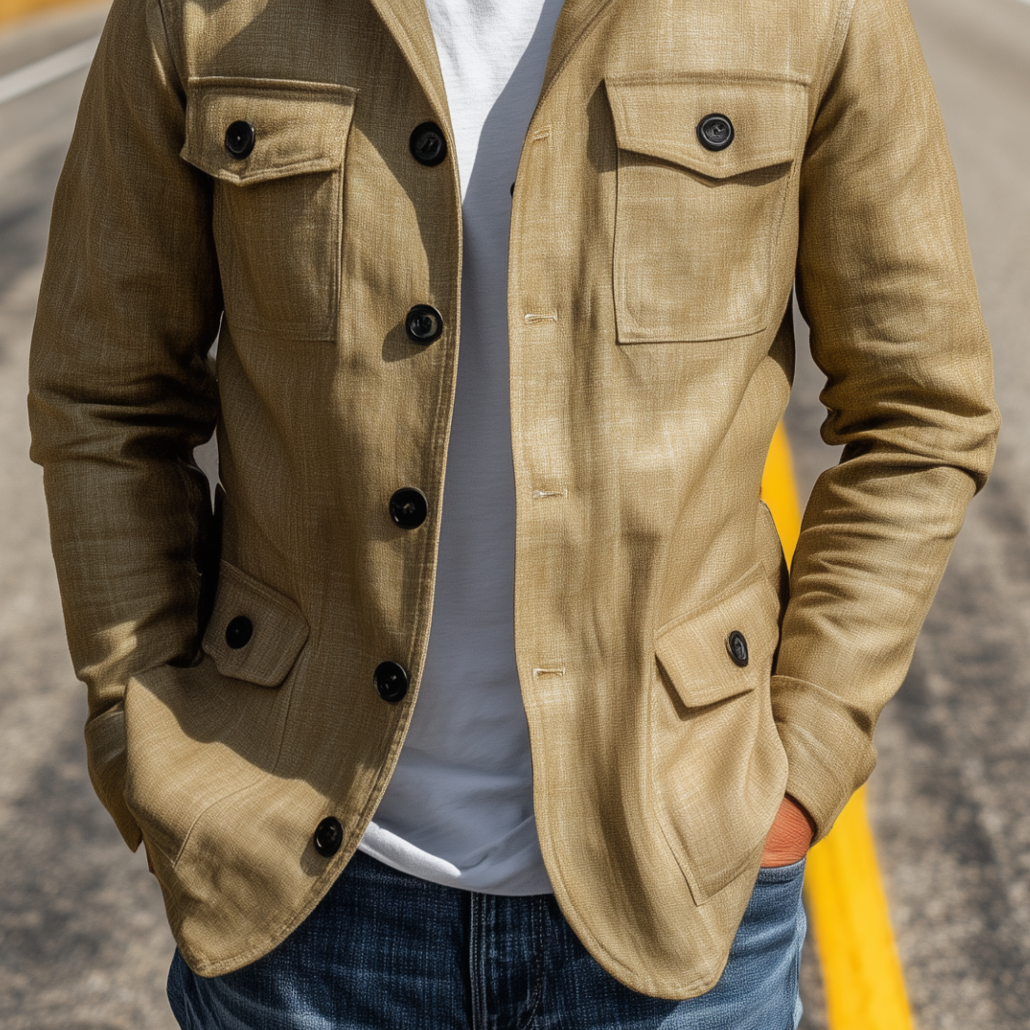 Men's Classic Casual Stand-up Collar Multi-pocket Cotton And Linen Blend Thin Jacket MTA3130G5K