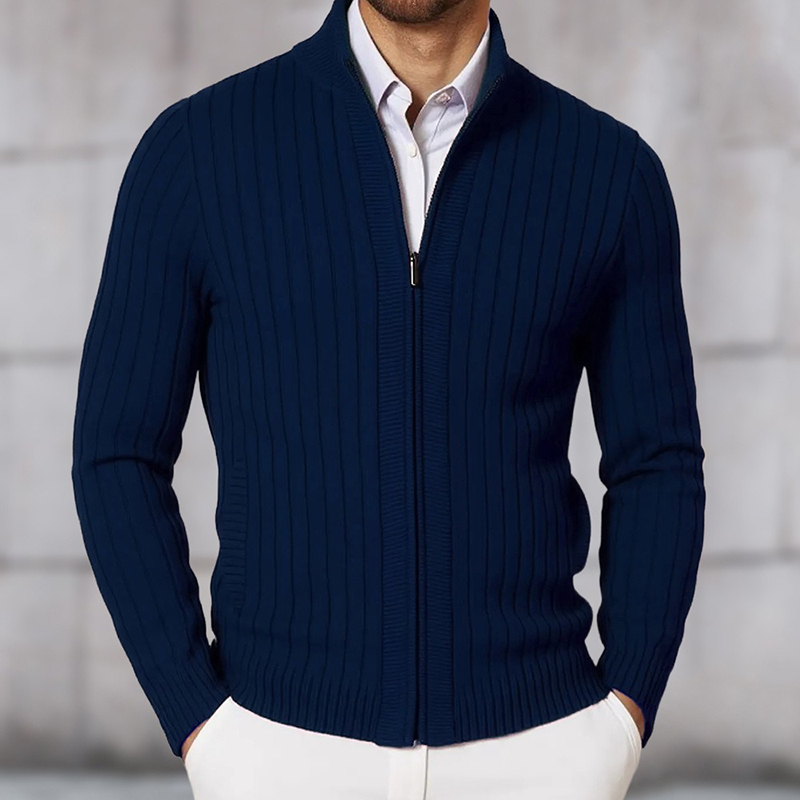 Men's Stand Collar Solid Color Striped Knit Zipper Cardigan MTA1352H6X