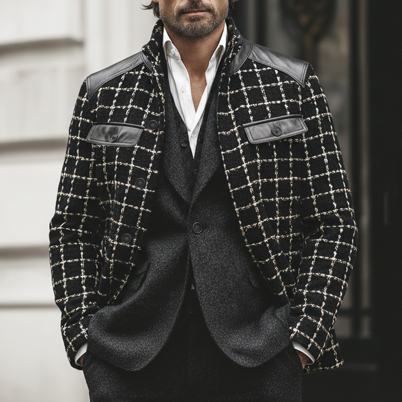 Men's Classic Tweed Plaid Patchwork PU Leather Stand-collar Jacket MTA2449K1U