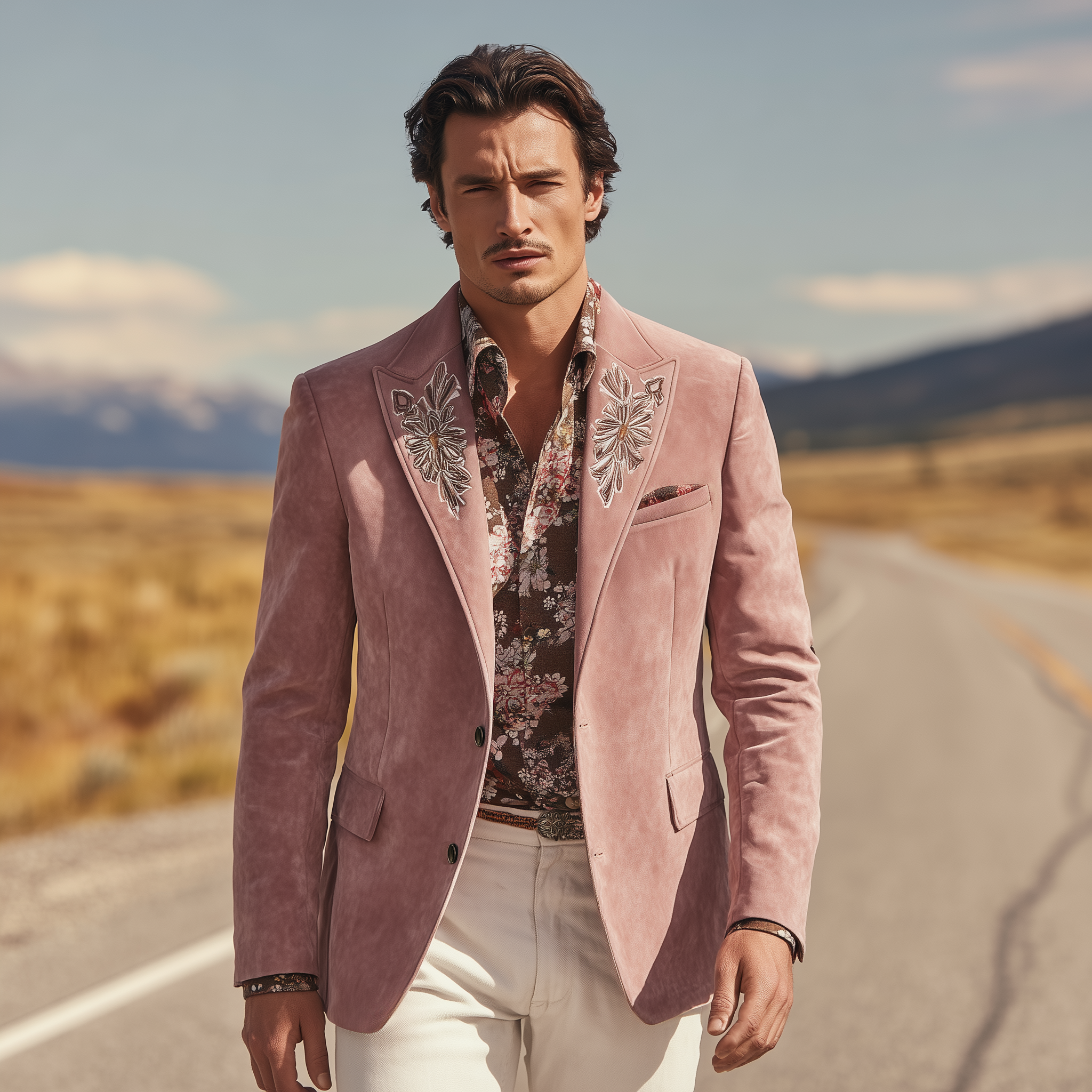 Men's Classic American Retro Western Style Embroidered Pink Suede Single-breasted Blazer MTA1873H0K