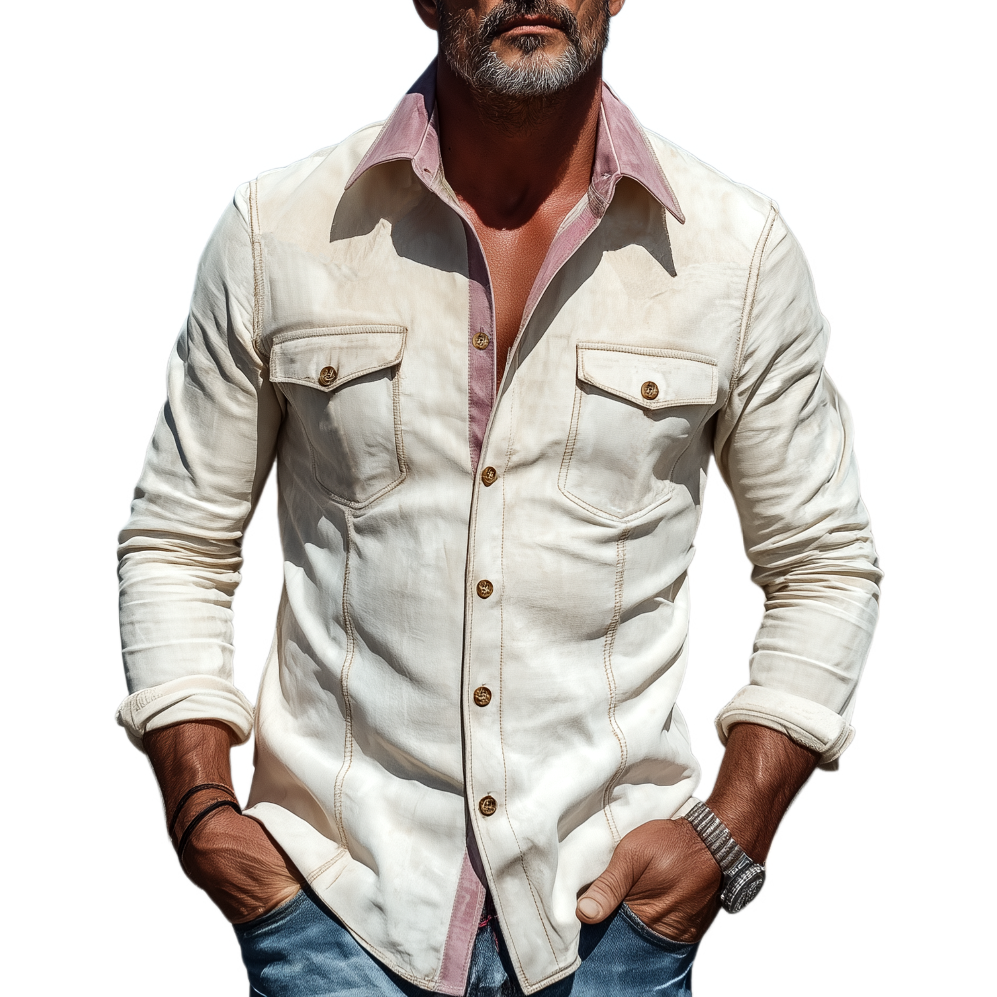 Men's Spring And Summer Fashion Casual Thin Suede Stitching Contrast Color Slim Long Sleeve Shirt MTA1704G5K