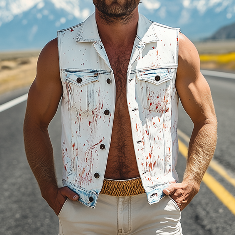 Men's Fashion Casual Washed Denim Personalized Ink Splash V-Neck Lapel Vest MTA2466F6K