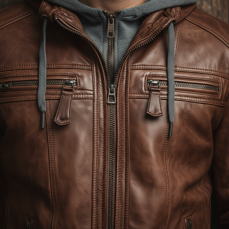 Men's Winter Fake Two-Piece Hooded Zipper Leather Jacket MTA1100J0P