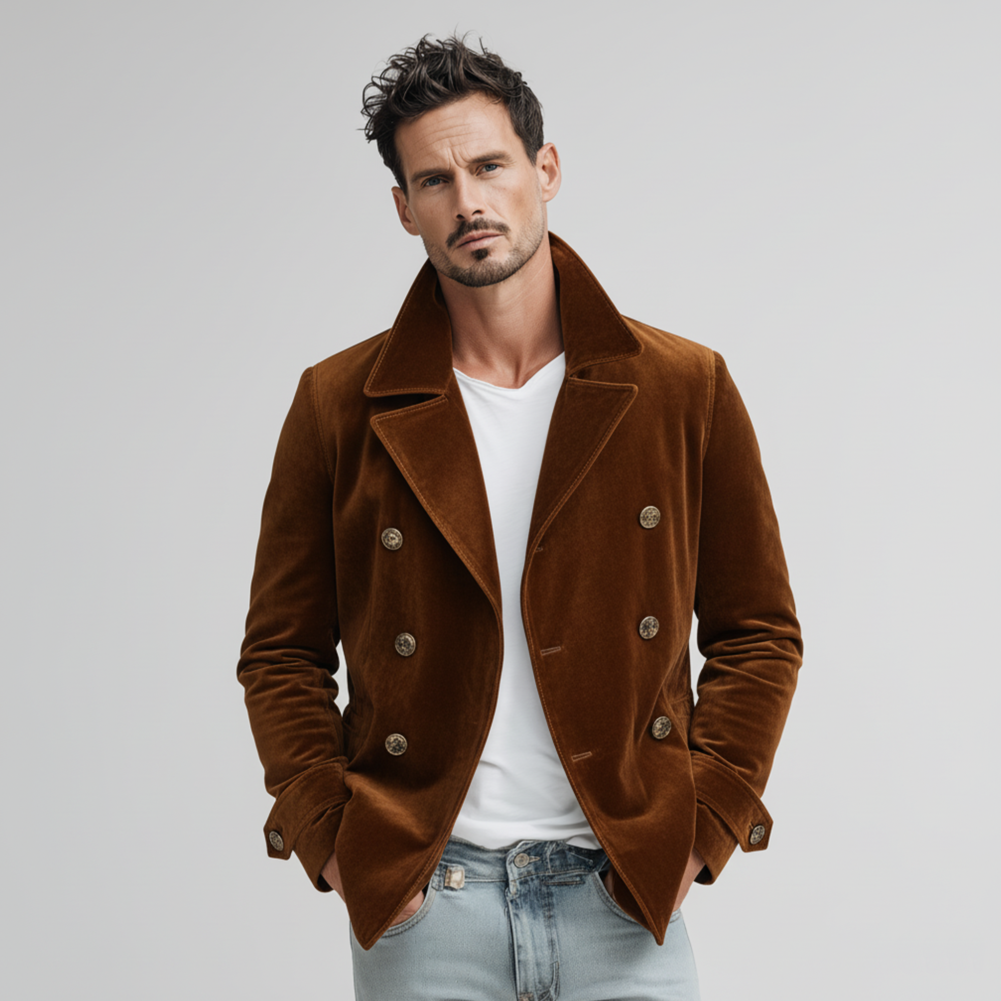 Men's Classic Retro Lapel Double-breasted Faux Velvet Jacket MTA1406K9K