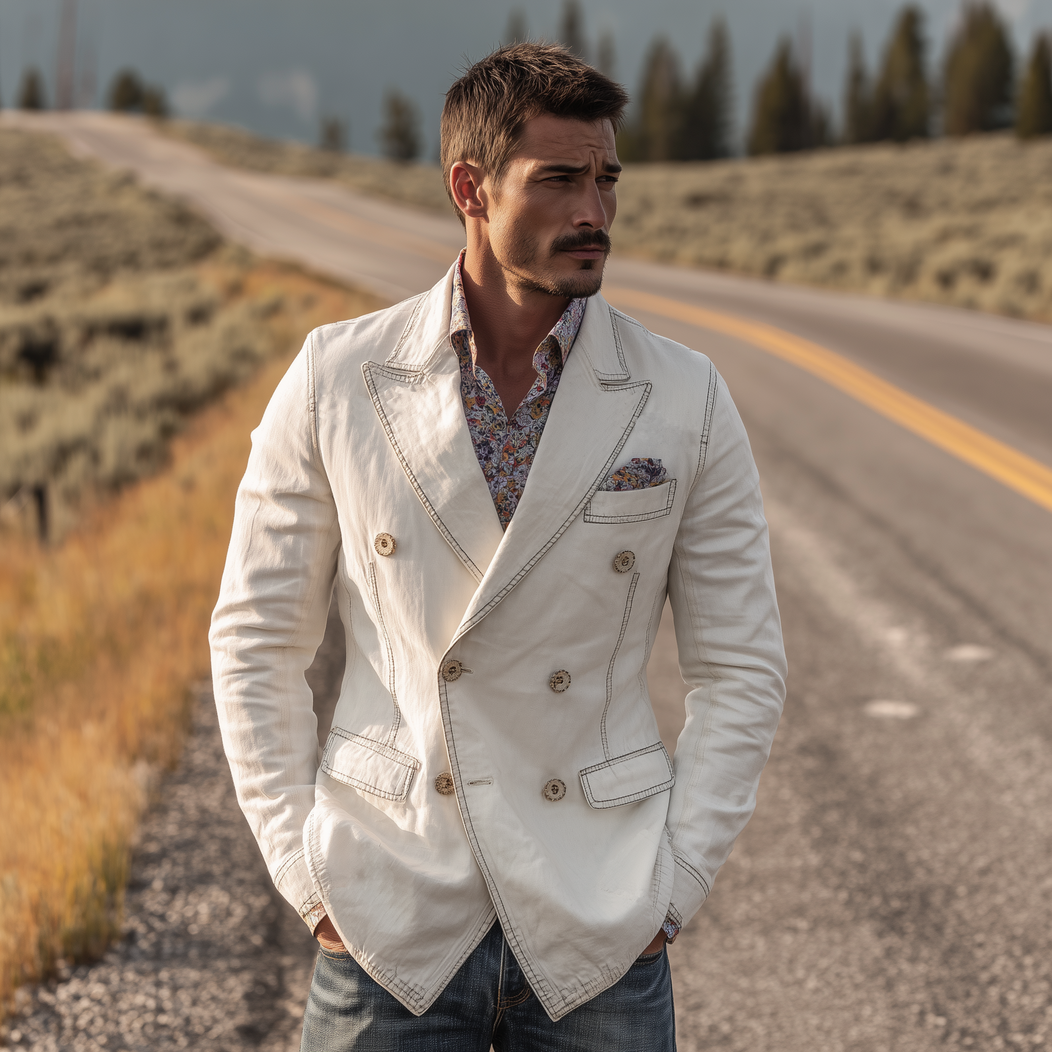 Men's Classic Vintage Washed Denim Double-breasted Slim-fit Blazer MTA0820H3K