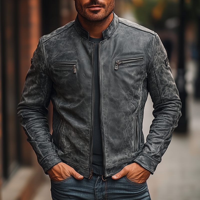 Men's Vintage Distressed PU Zipper Stand Collar Jacket MTA2902H4X