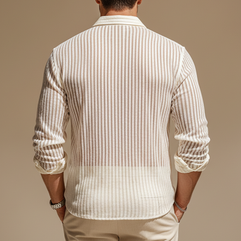 Men's Stylish Velvet Striped Slightly Sheer Long-sleeved Shirt MTZ0589B1U