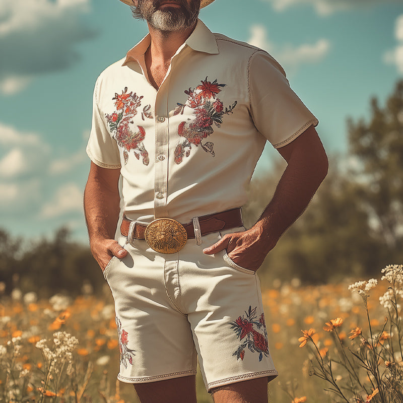 Men's Summer Western Cowboy Style Retro Embroidery Short Sleeve Shirt Shorts Set MTA2963D2U