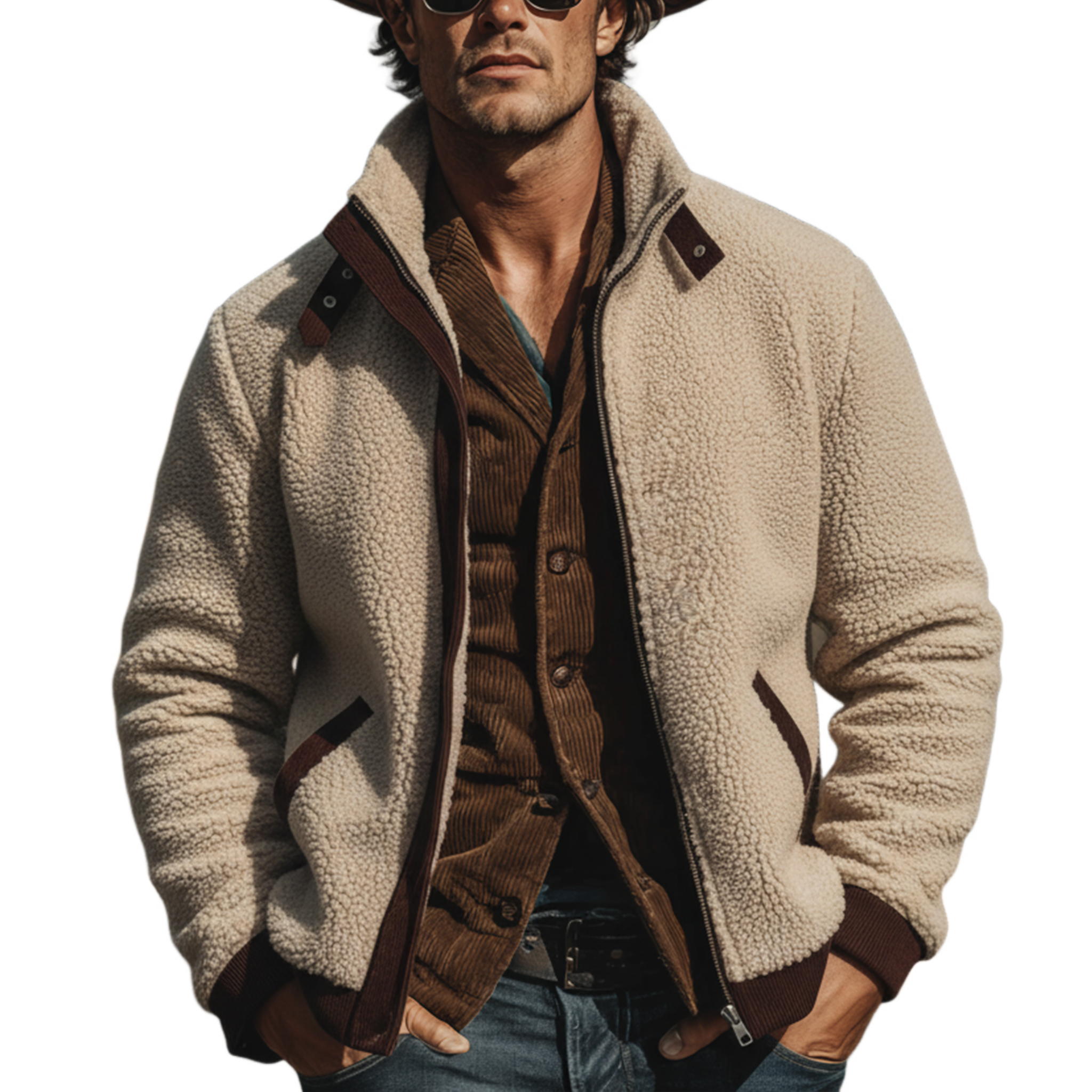 Men's Classic Retro Western Style Stand Collar Fleece And Corduroy Zip-Up Jacket MTA3084K3K