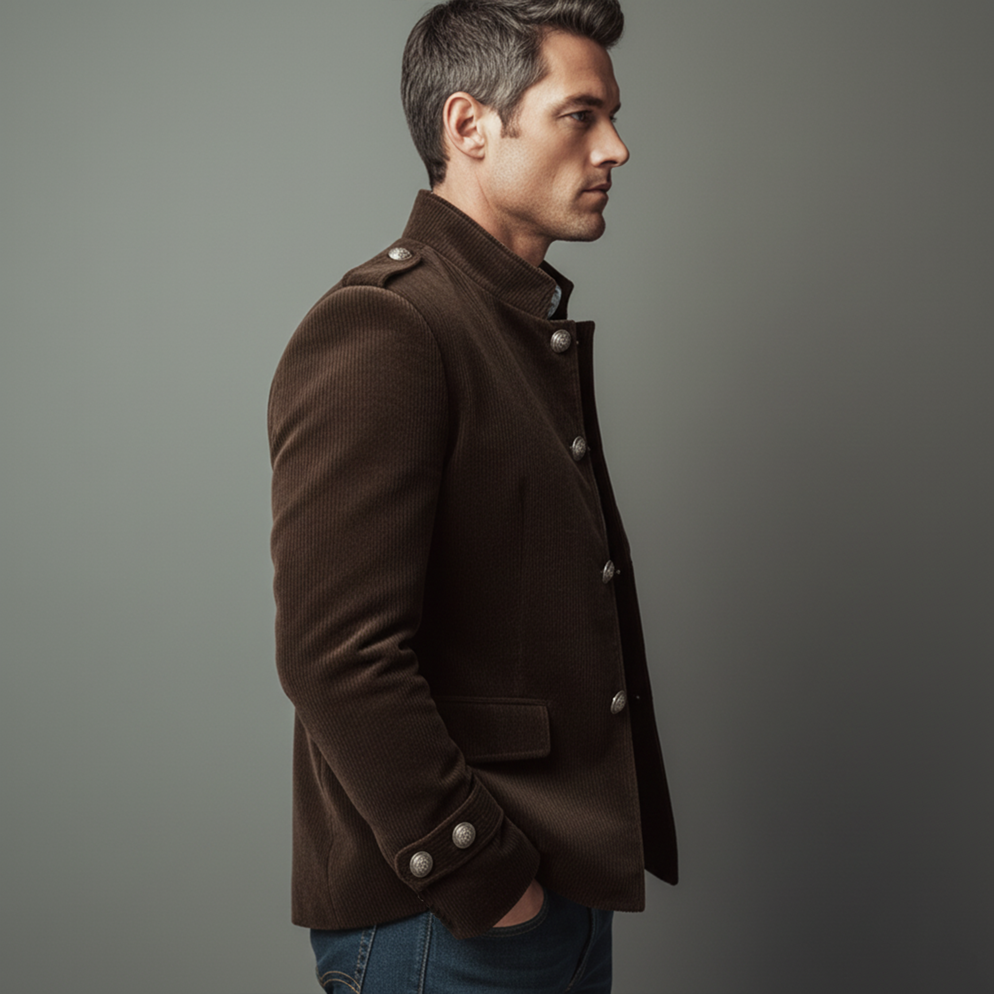 Men's Classic Casual Stand-up Collar Epaulette And Sleeve Tab Corduroy Jacket MTA2281I0K
