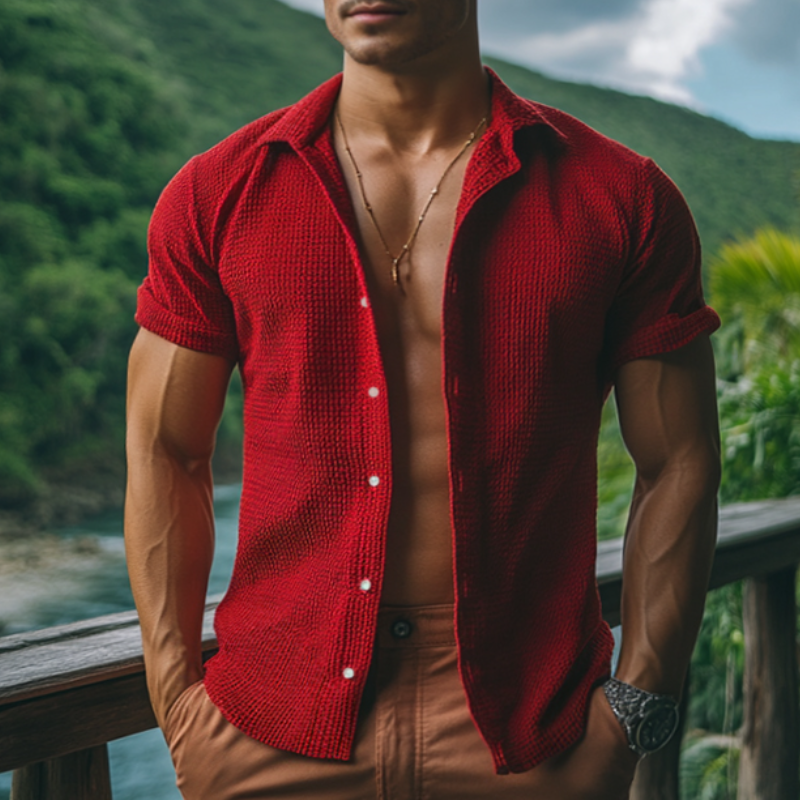 Men's Retro Casual Solid Color Lapel Short Sleeve Shirt MTA2094E2TO