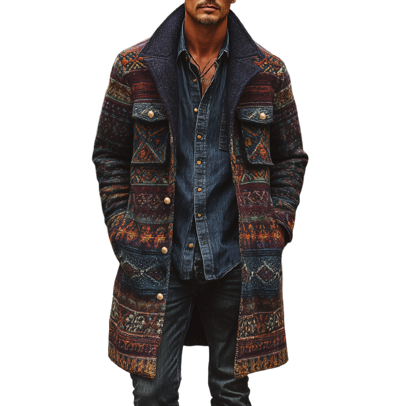 Men's Vintage Faux Wool Multicolor Printed Single-breasted Coat MTA1008J0U